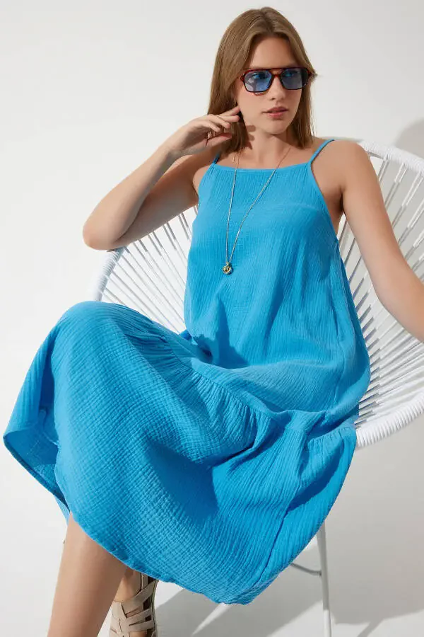 Women's Blue Sleeveless Summer Loose Muslin Dress BP00163 - 1