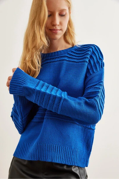 Women's Blue Textured Tape Detail Knitted Sweater KZK-19000808 - OLALOOK