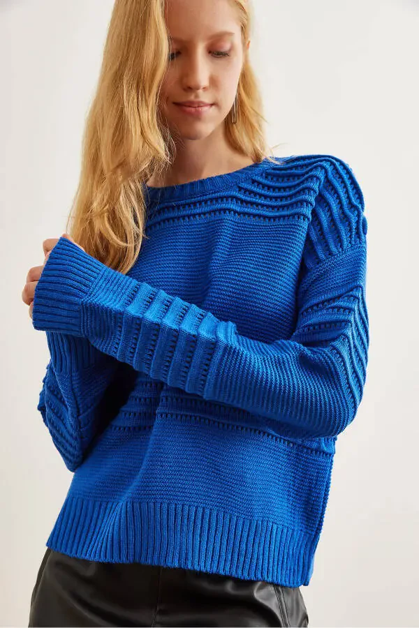 Women's Blue Textured Tape Detail Knitted Sweater KZK-19000808 - 1