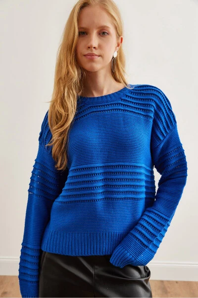 Women's Blue Textured Tape Detail Knitted Sweater KZK-19000808 - OLALOOK (1)