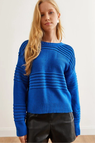 Women's Blue Textured Tape Detail Knitted Sweater KZK-19000808 - 4