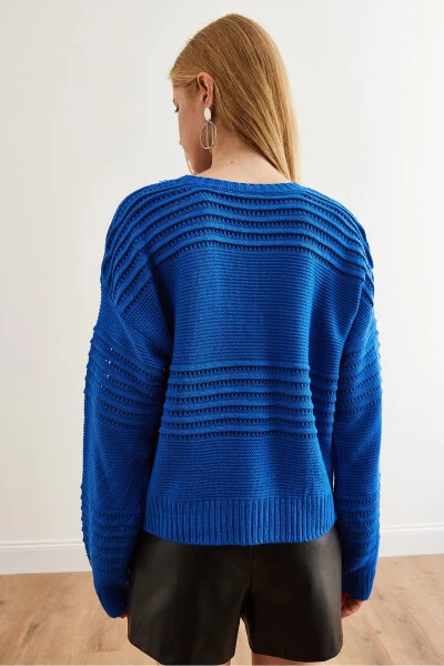 Women's Blue Textured Tape Detail Knitted Sweater KZK-19000808 - 7