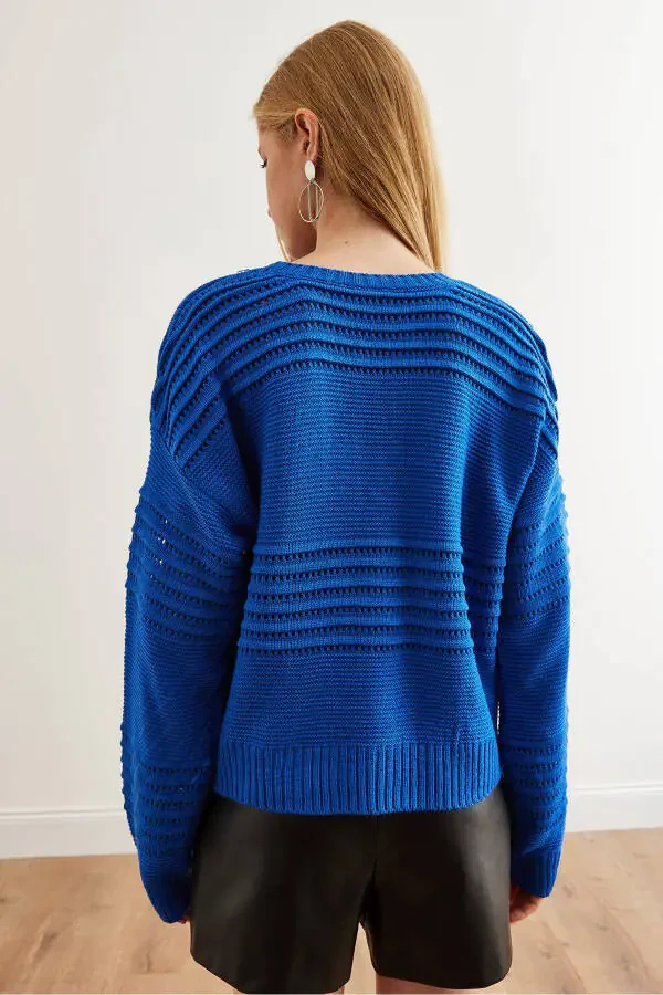 Women's Blue Textured Tape Detail Knitted Sweater KZK-19000808 - 7