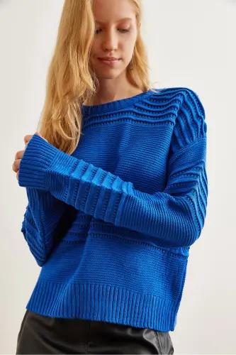 Women's Blue Textured Tape Detail Knitted Sweater KZK-19000808 - 3