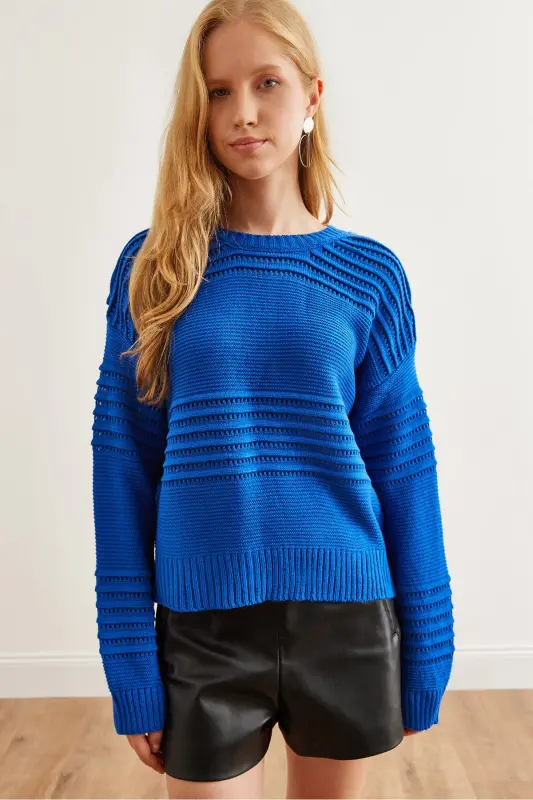 Women's Blue Textured Tape Detail Knitted Sweater KZK-19000808 - 5