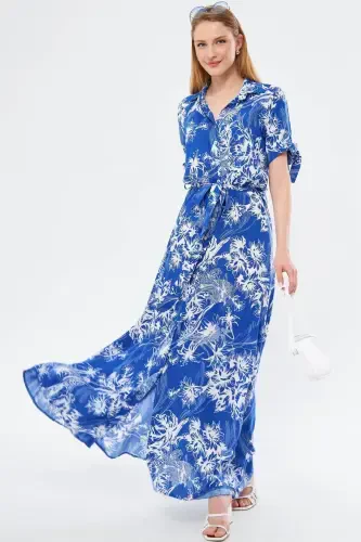 Women's Blue Tied Sleeve Belted Waist Shirt Dress ARM-23Y001004-Blue - 1