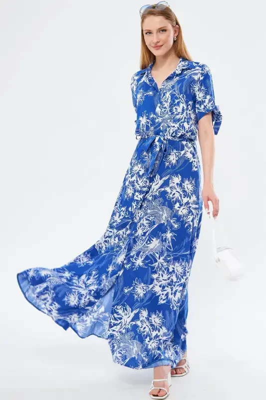 Women's Blue Tied Sleeve Belted Waist Shirt Dress ARM-23Y001004-Blue - 1