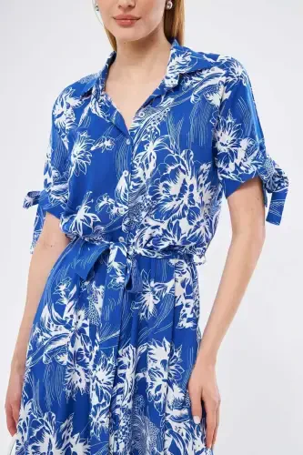 Women's Blue Tied Sleeve Belted Waist Shirt Dress ARM-23Y001004-Blue - 2