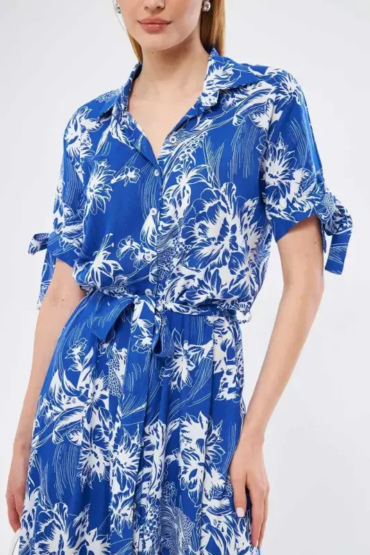 Women's Blue Tied Sleeve Belted Waist Shirt Dress ARM-23Y001004-Blue - 2