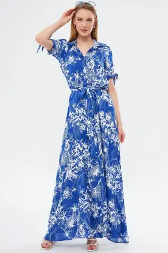 Women's Blue Tied Sleeve Belted Waist Shirt Dress ARM-23Y001004-Blue - 3