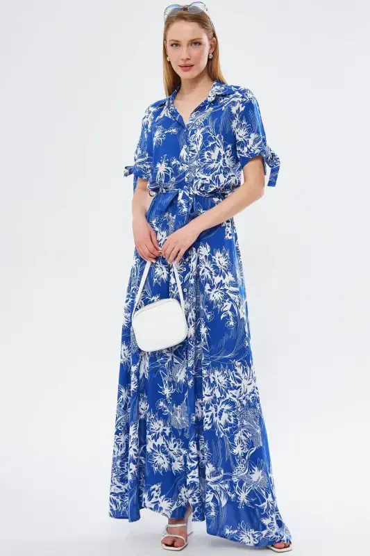 Women's Blue Tied Sleeve Belted Waist Shirt Dress ARM-23Y001004-Blue - 4