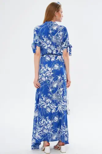 Women's Blue Tied Sleeve Belted Waist Shirt Dress ARM-23Y001004-Blue - 5