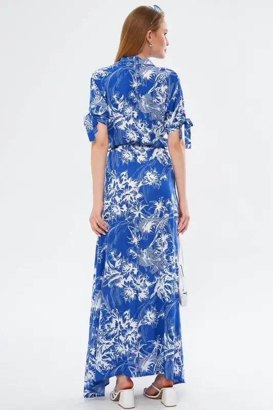 Women's Blue Tied Sleeve Belted Waist Shirt Dress ARM-23Y001004-Blue - 5