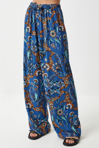 Women's Blue Tile Print Draped Viscose Palazzo Pants EN00606 - 4