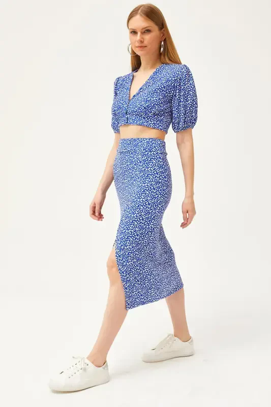 Women's Blue Top Buttoned Blouse Slit Hem Skirt Set - OLALOOK