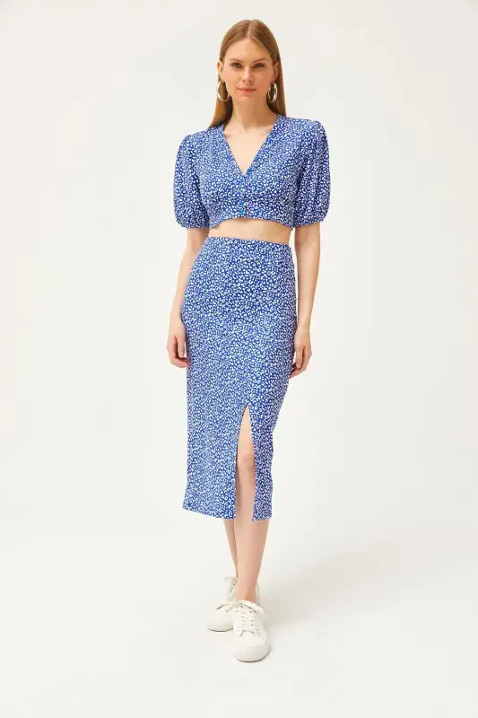 Women's Blue Top Buttoned Blouse Slit Hem Skirt Set - 2