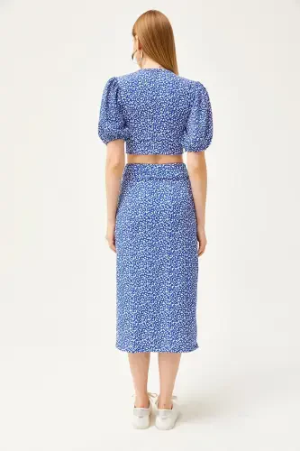 Women's Blue Top Buttoned Blouse Slit Hem Skirt Set - 5