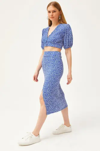 Women's Blue Top Buttoned Blouse Slit Hem Skirt Set 