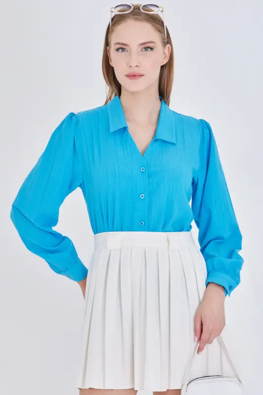 Women's Blue V Neck Balloon Sleeve Crinkle Shirt ARM-25K001088-Blue - 4