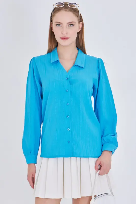 Women's Blue V Neck Balloon Sleeve Crinkle Shirt ARM-25K001088-Blue - 5