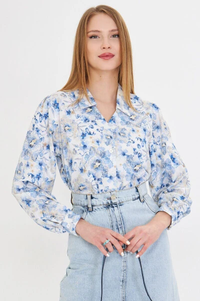 Women's Blue V-Neck Balloon Sleeve Patterned Shirt ARM-25Y 