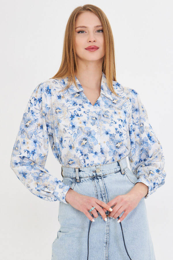 Women's Blue V-Neck Balloon Sleeve Patterned Shirt ARM-25Y - 1
