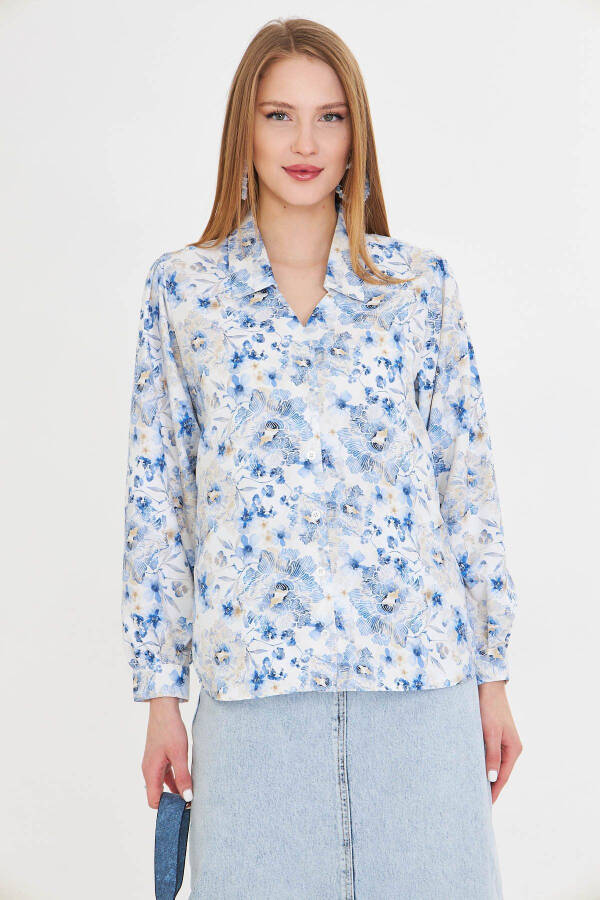 Women's Blue V-Neck Balloon Sleeve Patterned Shirt ARM-25Y - 2
