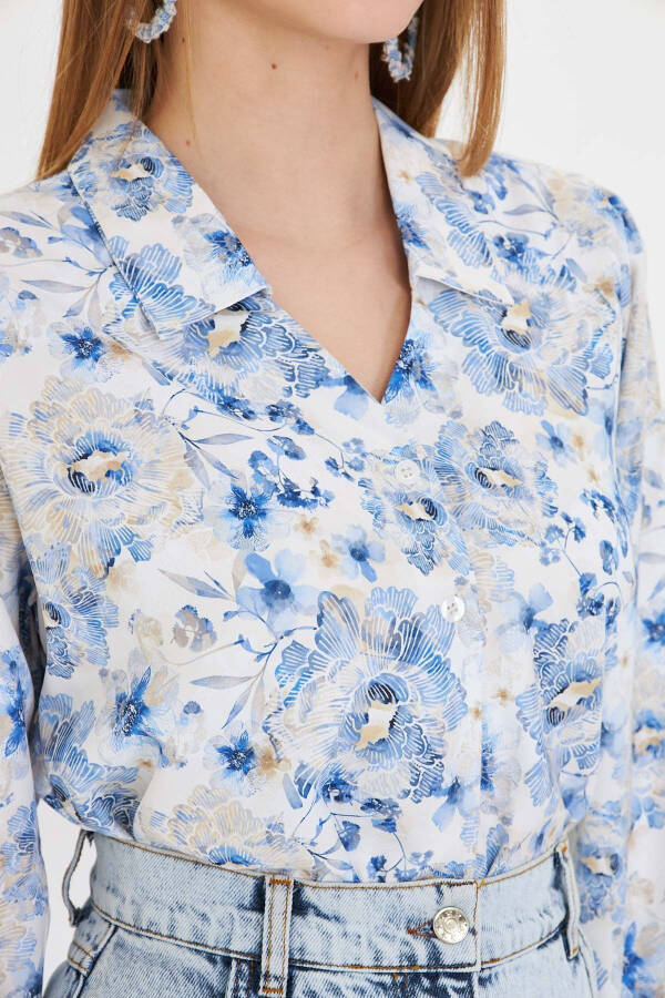 Women's Blue V-Neck Balloon Sleeve Patterned Shirt ARM-25Y - 3