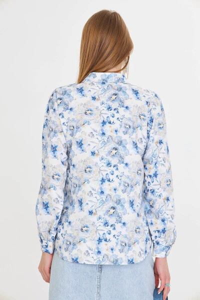 Women's Blue V-Neck Balloon Sleeve Patterned Shirt ARM-25Y - 4