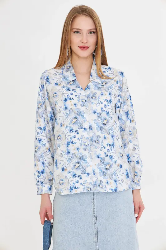 Women's Blue V-Neck Balloon Sleeve Patterned Shirt ARM-25Y - 3
