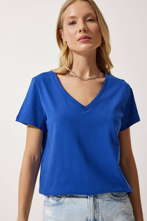 Women's Blue V-Neck Basic Knit T-Shirt UB00261 - 1