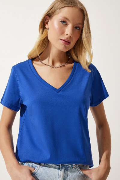 Women's Blue V-Neck Basic Knit T-Shirt UB00261 - 2
