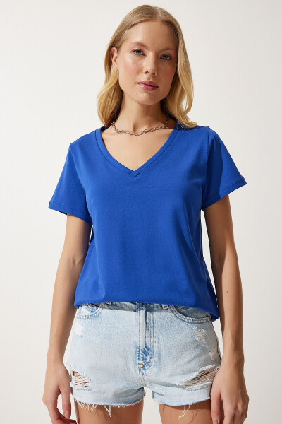 Women's Blue V-Neck Basic Knit T-Shirt UB00261 - 3