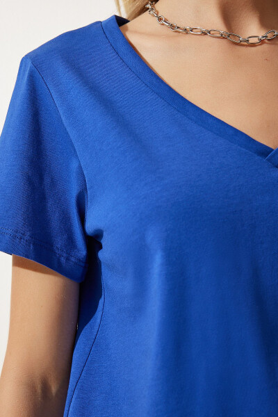 Women's Blue V-Neck Basic Knit T-Shirt UB00261 - 4