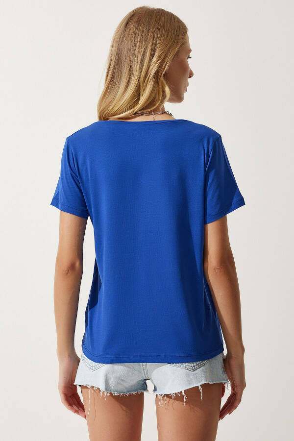 Women's Blue V-Neck Basic Knit T-Shirt UB00261 - 5