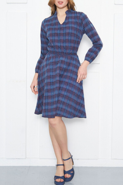 Women's Blue V-Neck Elastic Waist Plaid A-Line Dress ARM-24K001041 - 1