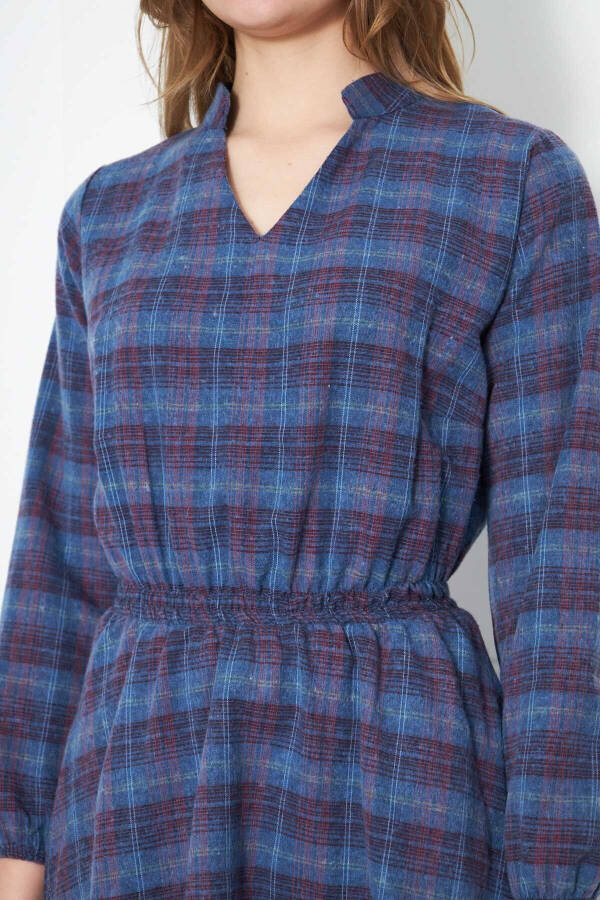 Women's Blue V-Neck Elastic Waist Plaid A-Line Dress ARM-24K001041 - 2