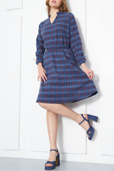 Women's Blue V-Neck Elastic Waist Plaid A-Line Dress ARM-24K001041 - 3