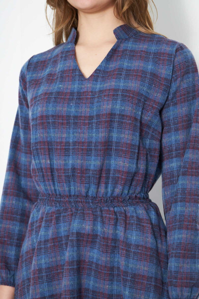 Women's Blue V-Neck Elastic Waist Plaid A-Line Dress ARM-24K001041 - 6