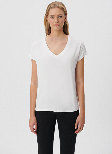 Women's blue V-neck relaxed fit plain white t-shirt. - 3