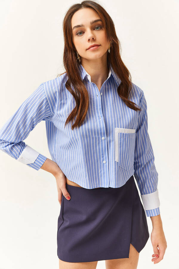 Women's Blue White Striped Crop Shirt with Pocket and Cuff Details GML-19001169 - 1