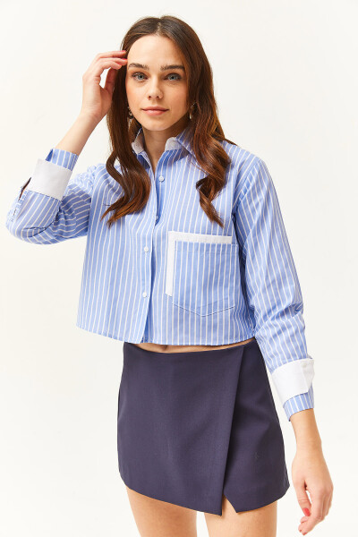 Women's Blue White Striped Crop Shirt with Pocket and Cuff Details GML-19001169 - 2