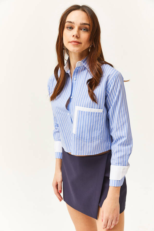 Women's Blue White Striped Crop Shirt with Pocket and Cuff Details GML-19001169 - 3