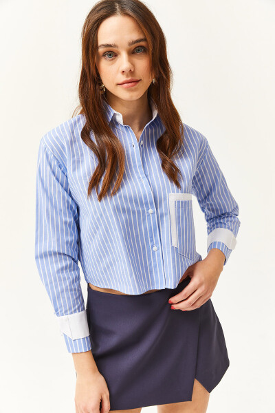 Women's Blue White Striped Crop Shirt with Pocket and Cuff Details GML-19001169 - 4