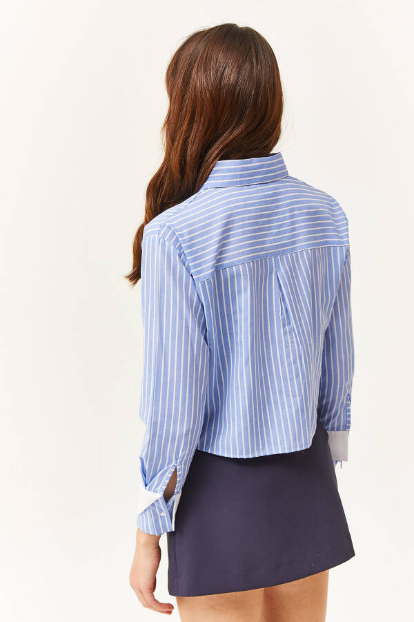 Women's Blue White Striped Crop Shirt with Pocket and Cuff Details GML-19001169 - 6