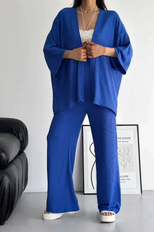 Women's Blue Wide Leg Palazzo Kimono Pant Set-BLUEPALAZZO - TRENDALISSE