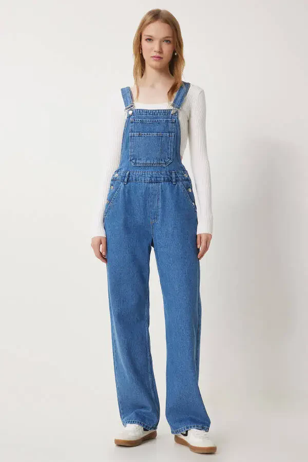Women's Blue Wide Leg Pocket Denim Dungarees RI00002 - 1