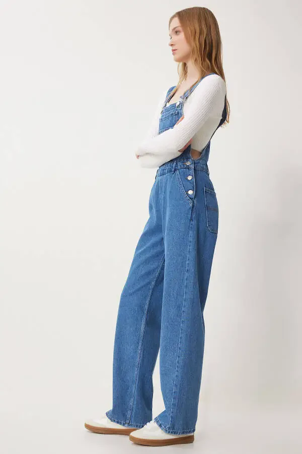 Women's Blue Wide Leg Pocket Denim Dungarees RI00002 - 2
