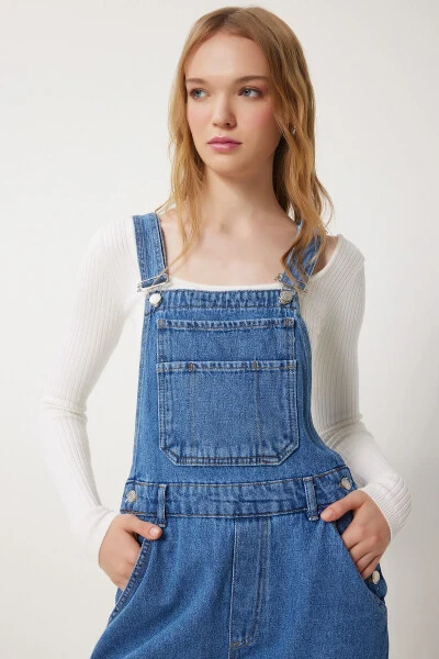 Women's Blue Wide Leg Pocket Denim Dungarees RI00002 - 3