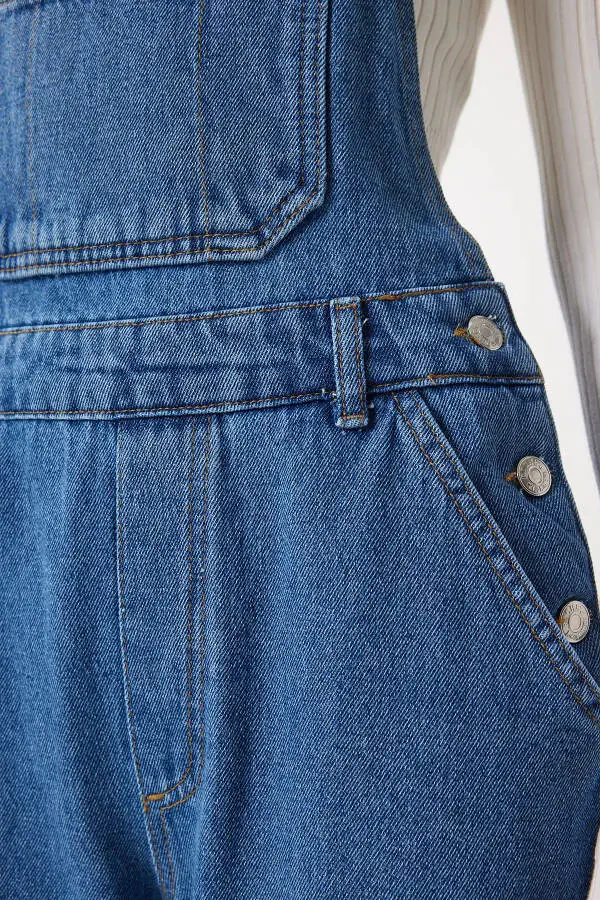 Women's Blue Wide Leg Pocket Denim Dungarees RI00002 - 4
